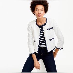J.Crew Linen Blend WhiteBlack Trim Scallop Zig Zag Casual Work Blazer Size 10